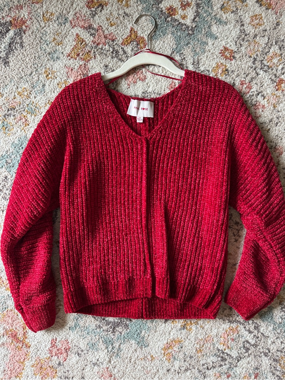 Red V-Neck Ribbed Women's Sweater